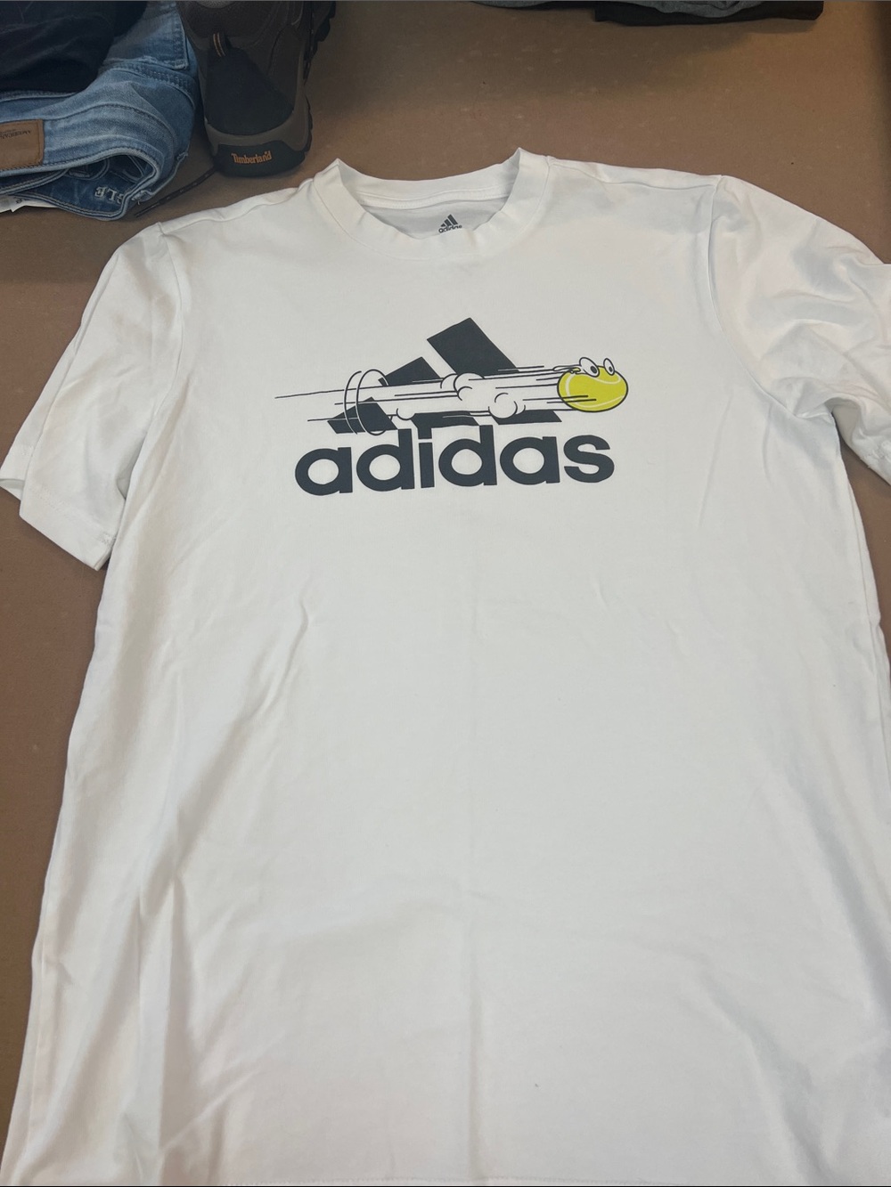 adidas White Short-Sleeve Logo Tee with Yellow Accent